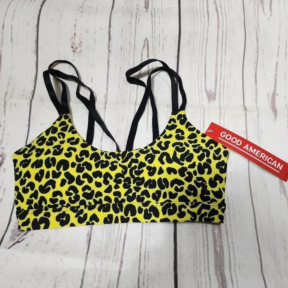 Good American Yellow And Black Padded Cheetah Print Sports Bra - Xs/0 - Nwt